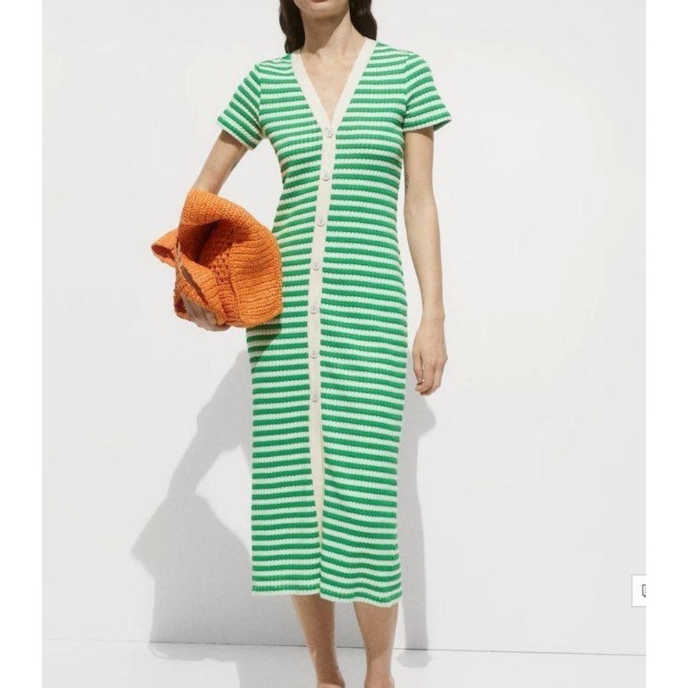 Mango Striped Crochet Knit Maxi Dress US 8 Preppy Button Front Resort Vacation